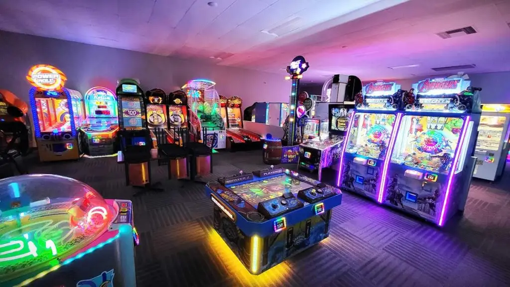 A variety of coin-operated games in an arcade.