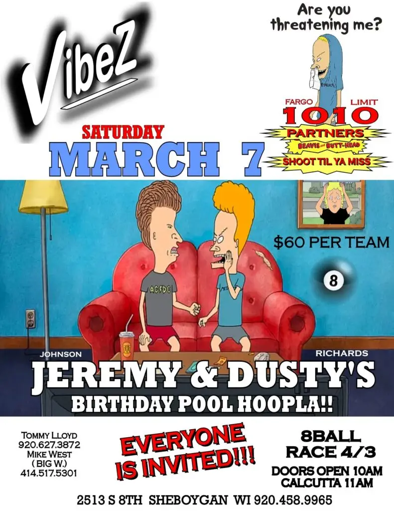 Saturday, March 7th pool tournament at Vibez