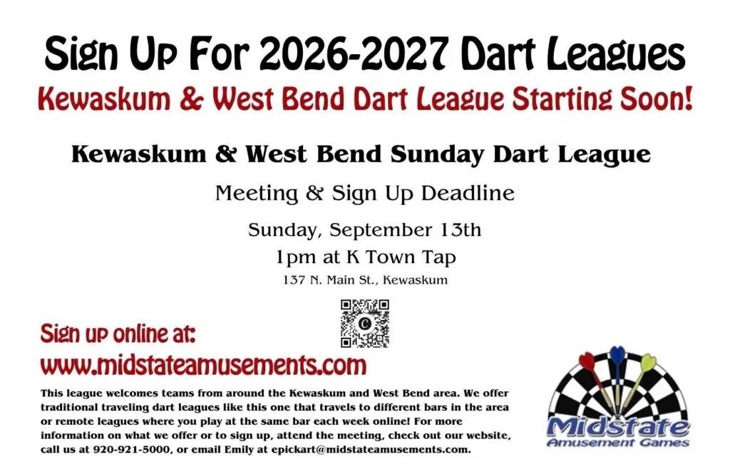 Kewaskum and West Bend Sunday Area Dart League Poster